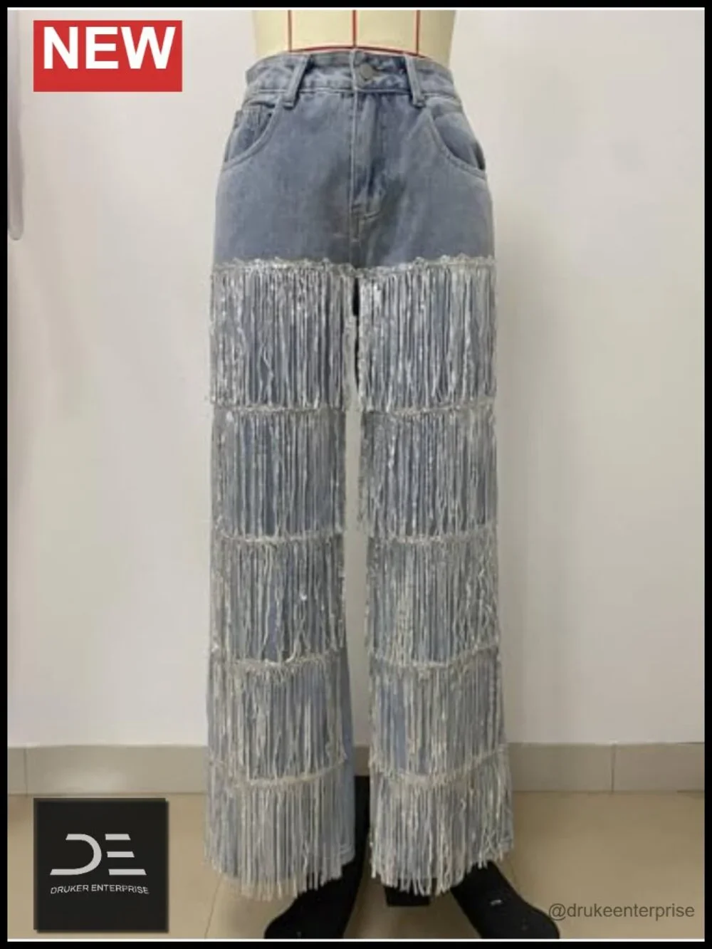 Women's High Waisted Sequin Fringe Jeans Baggy Straight Leg Sparkly Tassels